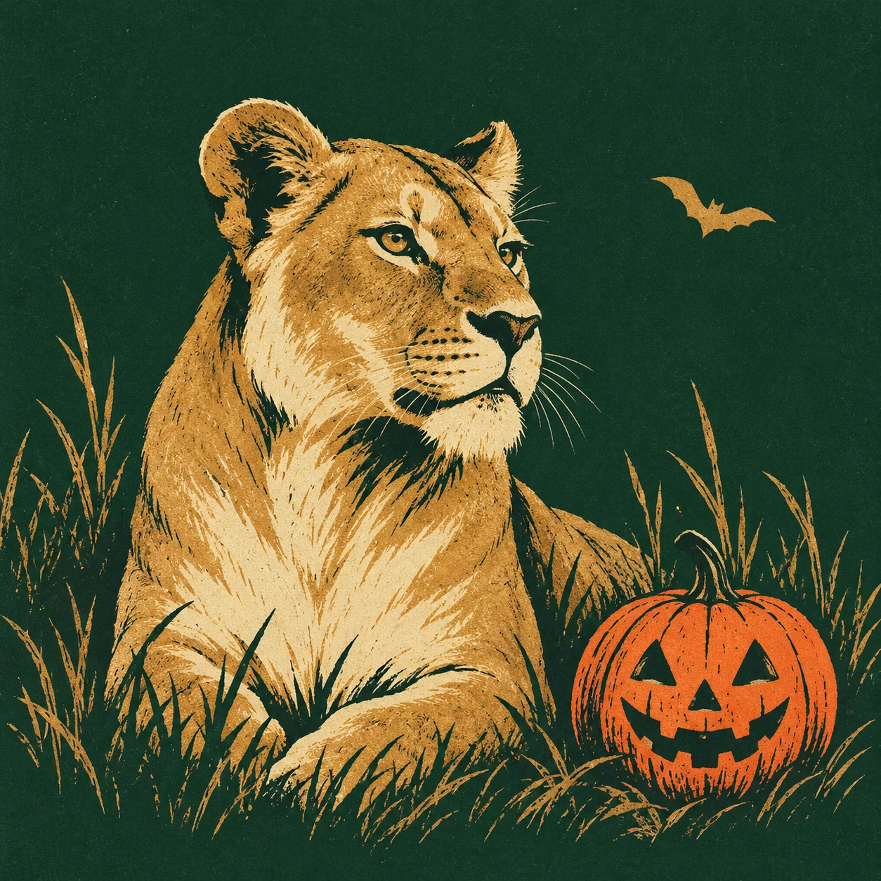 Nőstény oroszlán és halloweeni töklámpás sötét, metszetszerű illusztráción.